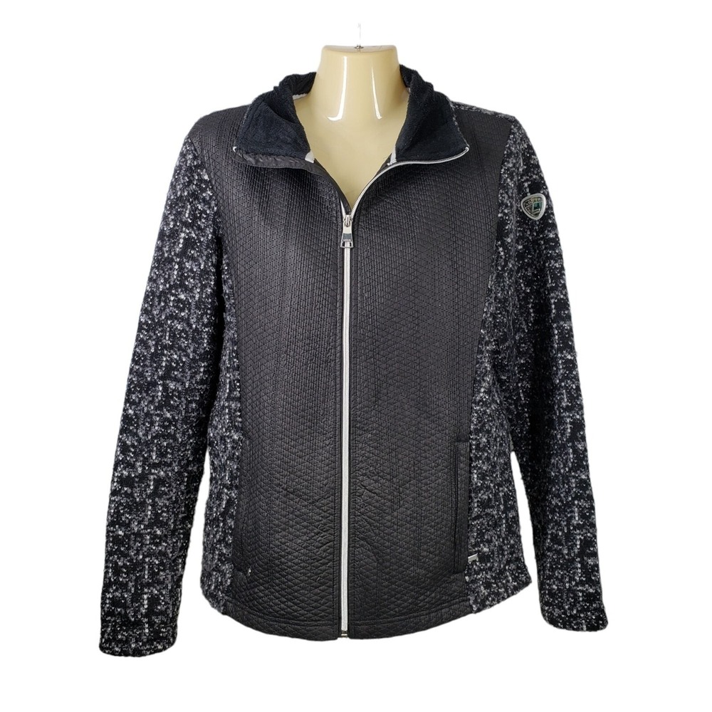 Luhta‎ Full Zip Jacket Womens L Black Gray Wool Blend Quilted Fleece Lined Mock